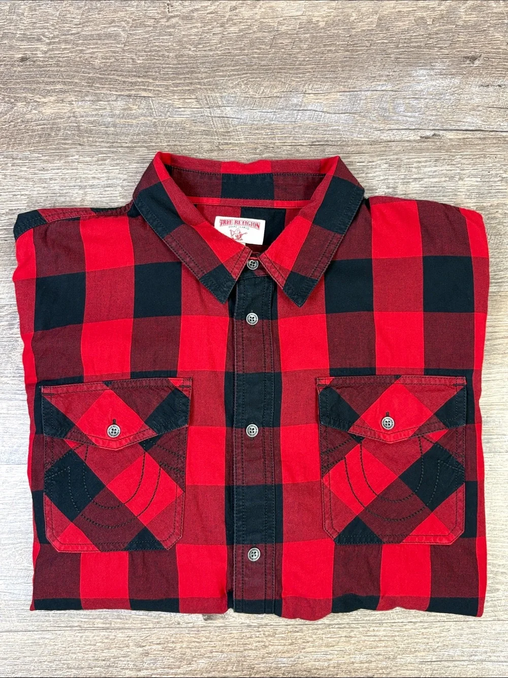 True Religion Utility Shirt Red Black Buffalo Plaid 100% Cotton XXL 2XL